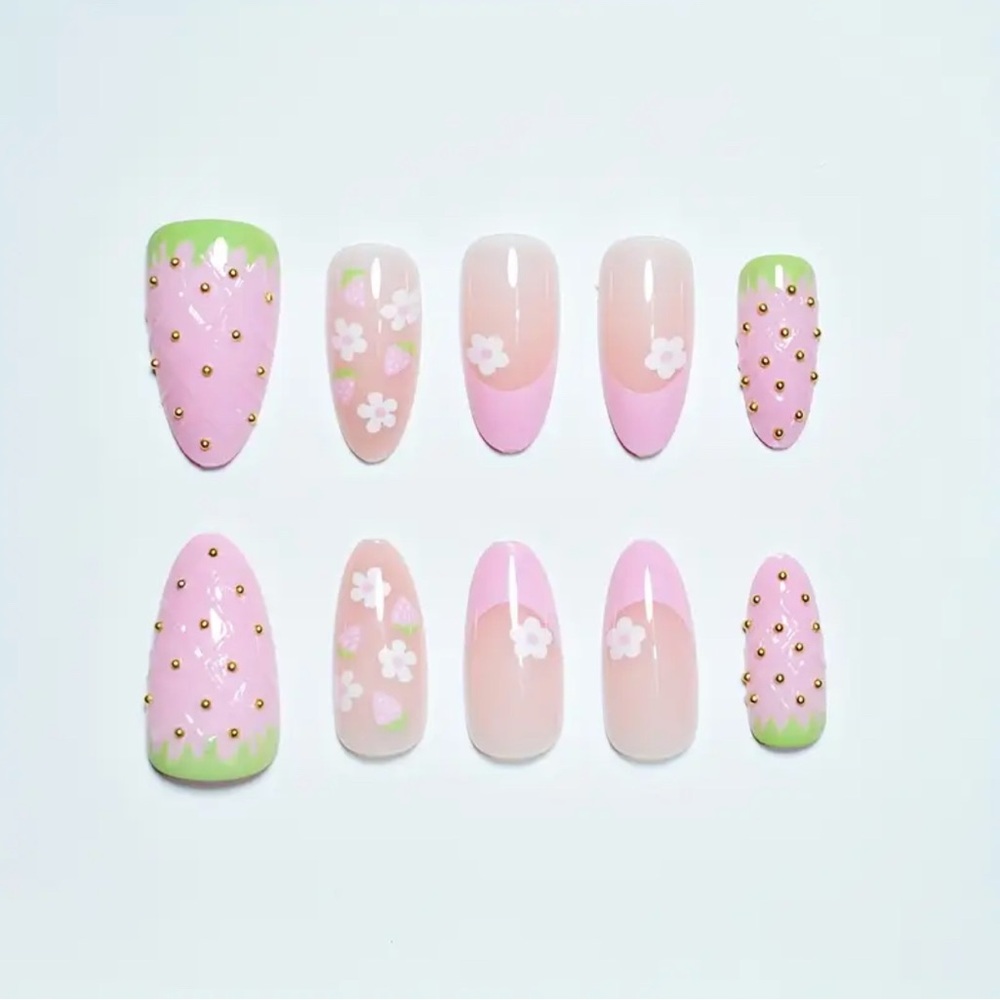 New Pink & Green Strawberry 3D Press On Nails 10 pc Medium Reusable French Tip - Picture 4 of 8